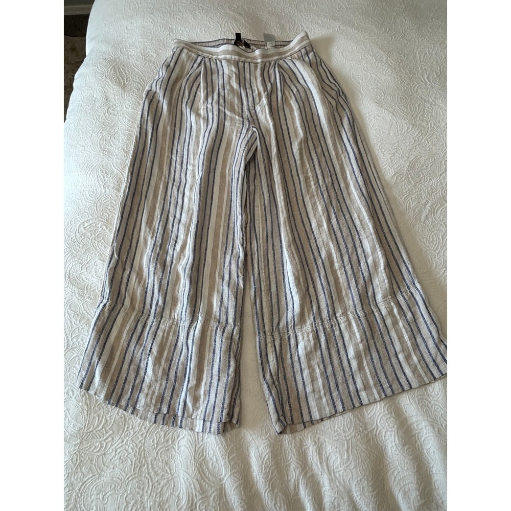 Banana Republic Boho Linen Blend Blue White Striped Wide Leg Pants M